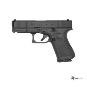Glock 19 Gen5 9mm pistol with matte black polymer frame and accessory rail.