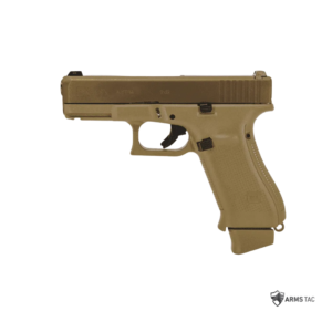lock 19X 9mm semi-automatic pistol in coyote tan with polymer frame and accessory rail.