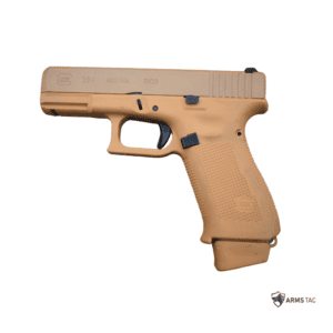 Glock 19X 9mm pistol with coyote polymer frame and integrated accessory rail.