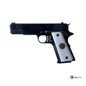 Right and left side profiles of a black Colt Civilian Model 1911 A1 .30 Bore semi-automatic pistol featuring white grips with inlaid gold medallions and a skeletonized trigger.
