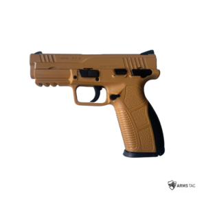 Side profile view of the Tisas Zigana PX-9 semi-automatic pistol in Flat Dark Earth with black controls and backstrap.