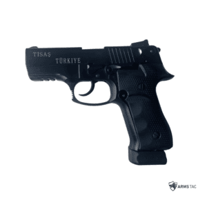 Left and right side profile views of a black Tisas Zigana K semi-automatic pistol featuring an under-barrel accessory rail, textured grips, and Turkish manufacturing markings.