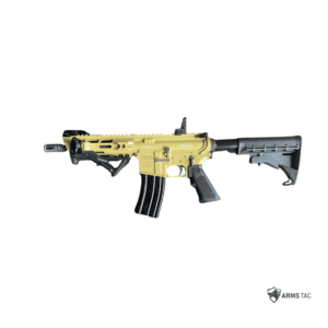 Left and right side profile views of a two-tone tan and black Daniel Defense DDMK18 5.56mm AR-15 style carbine equipped with an angled foregrip and folding sights.