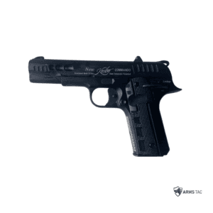 Left and right side profiles of a black New Kimber Commando Rapide 30 Bore semi-automatic pistol featuring slide lightening cuts, textured grips, and a ring hammer.