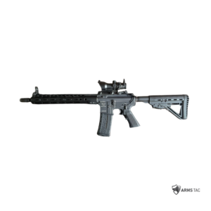 Left and right side profile views of a black Zbroyar Z-15 .223/5.56mm semi-automatic rifle equipped with a mounted optic, folding backup sights, and a polymer magazine.