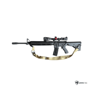 Left and right side profile views of a black Heckler & Koch HK 416 D 5.56mm semi-automatic rifle equipped with a mounted scope, quad rail, and a tan sling.