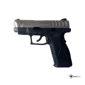 Left and right side profiles of the HS-9 Sub-Compact 9x19mm semi-automatic pistol featuring a bi-tone slide, black polymer frame, and extended grip magazine.